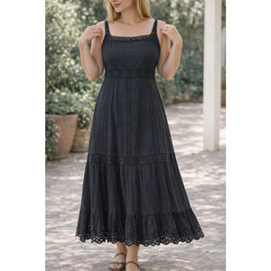 Black Cotton Lace pintuck eyelet Sleeveless witchy Midi square neck Dress Sz 12